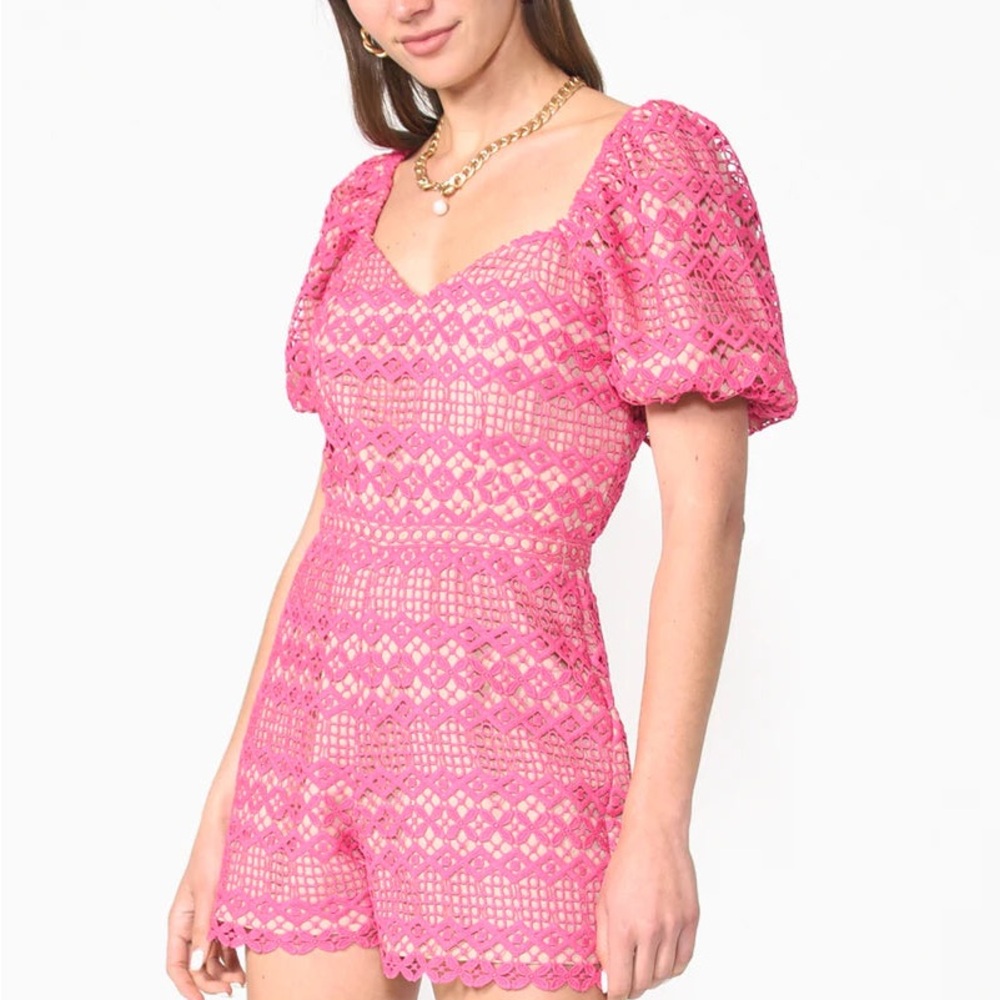 ADELYN RAE PRAYA TIE BACK CROCHET LACE SORBET PINK ROMPER